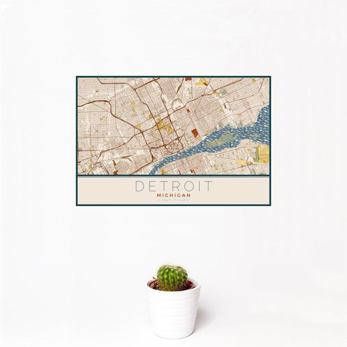 12x18 Detroit Michigan Map Print Landscape Orientation in Woodblock Style With Small Cactus Plant in White Planter