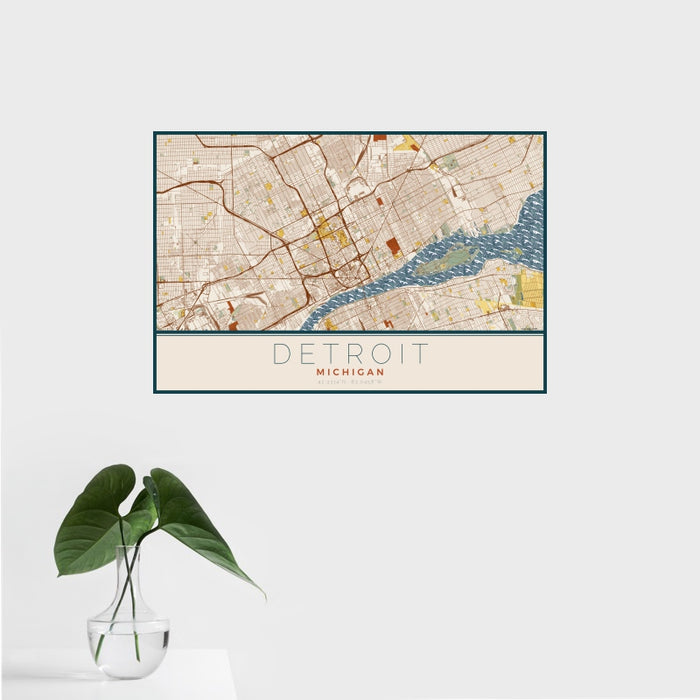 16x24 Detroit Michigan Map Print Landscape Orientation in Woodblock Style With Tropical Plant Leaves in Water
