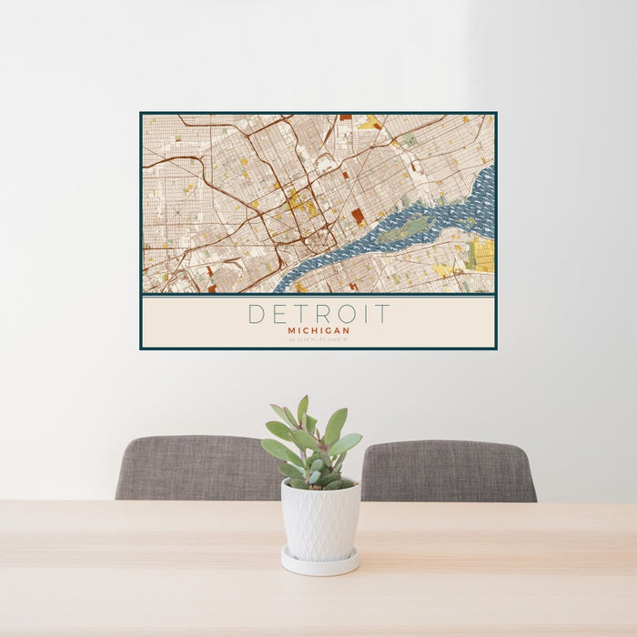 24x36 Detroit Michigan Map Print Landscape Orientation in Woodblock Style Behind 2 Chairs Table and Potted Plant