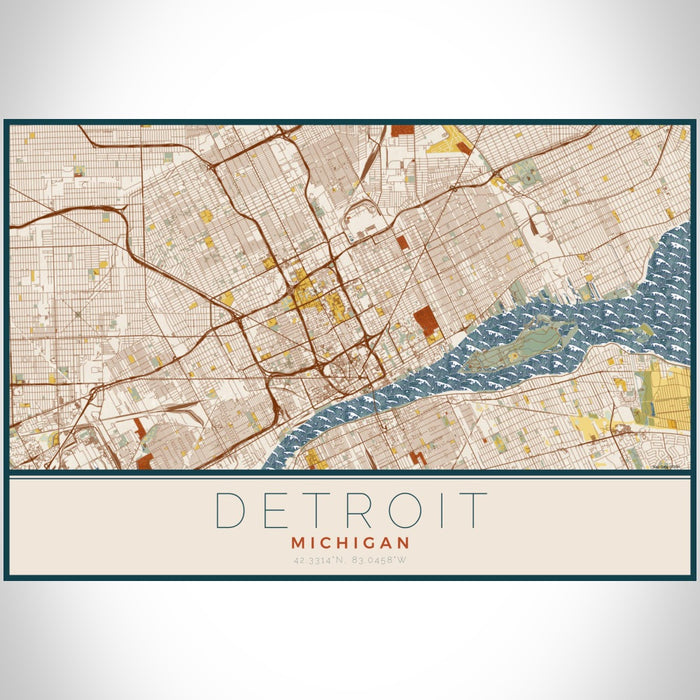 Detroit Michigan Map Print Landscape Orientation in Woodblock Style With Shaded Background