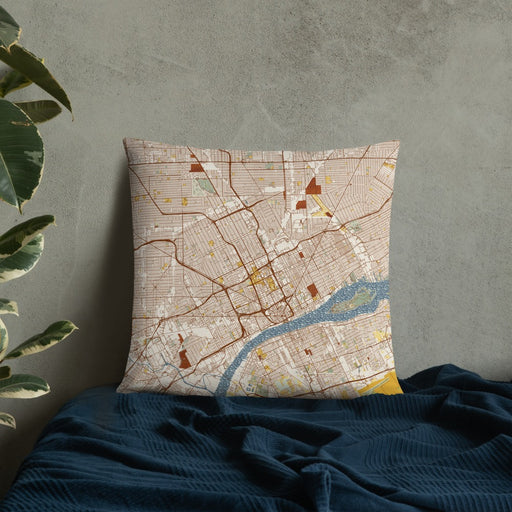 Custom Detroit Michigan Map Throw Pillow in Woodblock on Bedding Against Wall