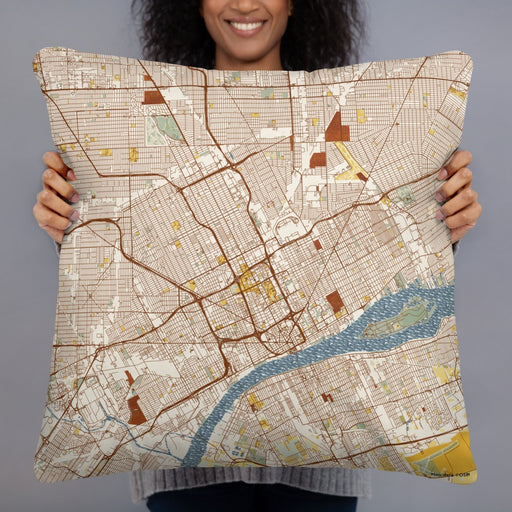 Person holding 22x22 Custom Detroit Michigan Map Throw Pillow in Woodblock