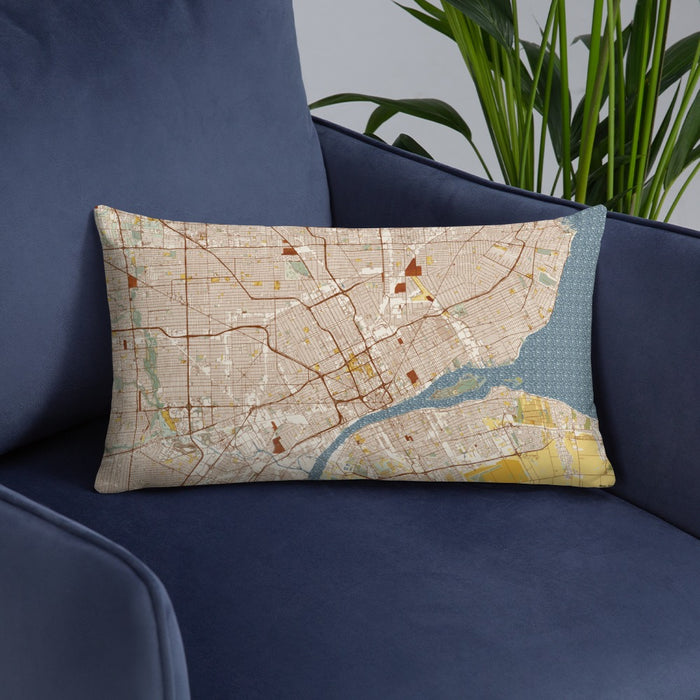 Custom Detroit Michigan Map Throw Pillow in Woodblock on Blue Colored Chair