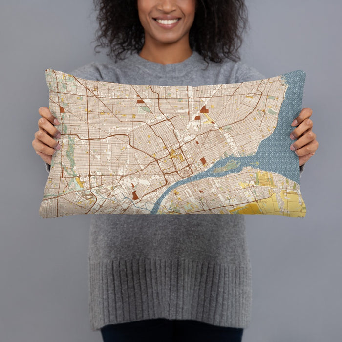 Person holding 20x12 Custom Detroit Michigan Map Throw Pillow in Woodblock