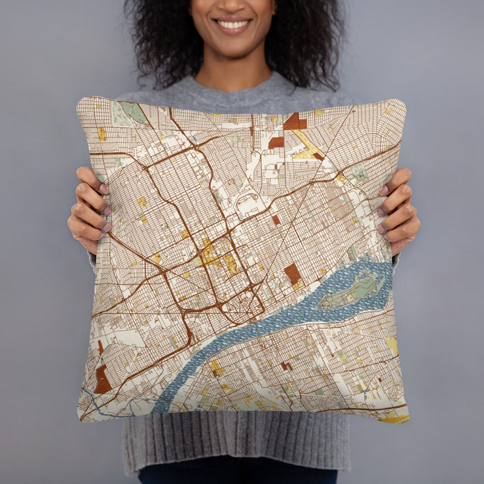 Person holding 18x18 Custom Detroit Michigan Map Throw Pillow in Woodblock
