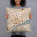 Person holding 18x18 Custom Detroit Michigan Map Throw Pillow in Woodblock