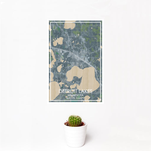12x18 Detroit Lakes Minnesota Map Print Portrait Orientation in Afternoon Style With Small Cactus Plant in White Planter