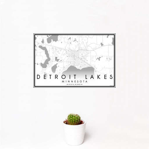 12x18 Detroit Lakes Minnesota Map Print Landscape Orientation in Classic Style With Small Cactus Plant in White Planter