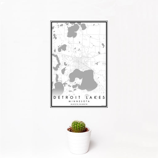 12x18 Detroit Lakes Minnesota Map Print Portrait Orientation in Classic Style With Small Cactus Plant in White Planter