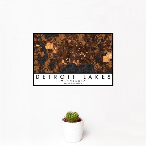 12x18 Detroit Lakes Minnesota Map Print Landscape Orientation in Ember Style With Small Cactus Plant in White Planter