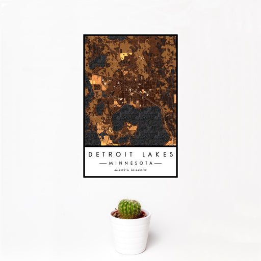 12x18 Detroit Lakes Minnesota Map Print Portrait Orientation in Ember Style With Small Cactus Plant in White Planter