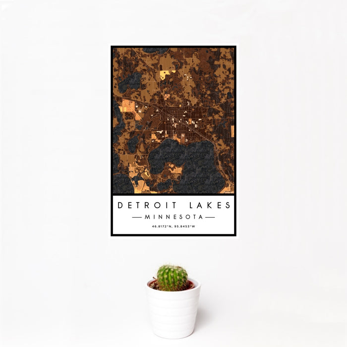12x18 Detroit Lakes Minnesota Map Print Portrait Orientation in Ember Style With Small Cactus Plant in White Planter