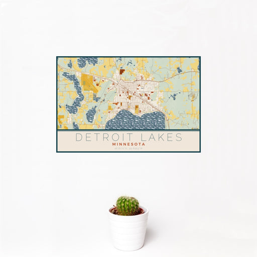 12x18 Detroit Lakes Minnesota Map Print Landscape Orientation in Woodblock Style With Small Cactus Plant in White Planter
