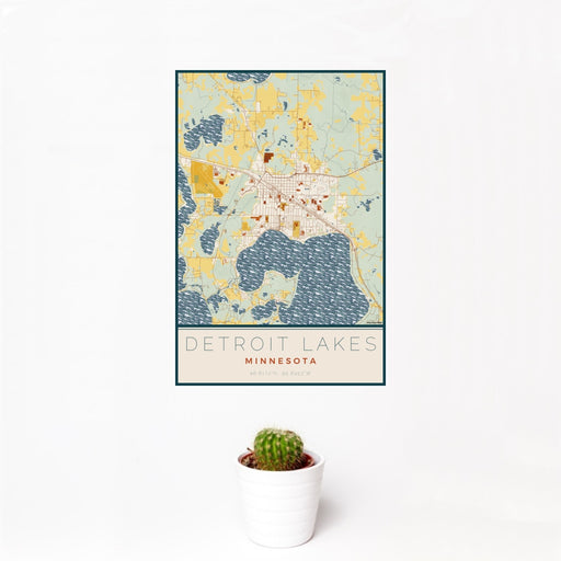 12x18 Detroit Lakes Minnesota Map Print Portrait Orientation in Woodblock Style With Small Cactus Plant in White Planter