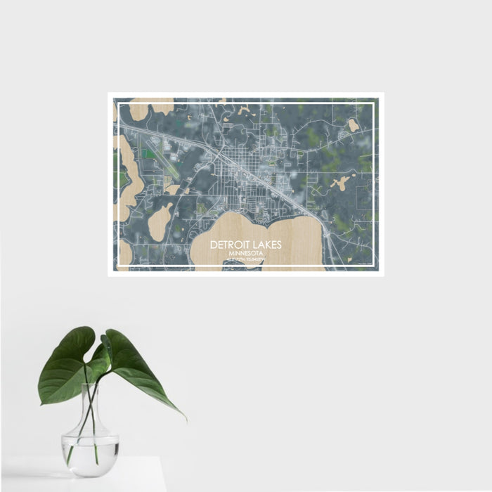 16x24 Detroit Lakes Minnesota Map Print Landscape Orientation in Afternoon Style With Tropical Plant Leaves in Water