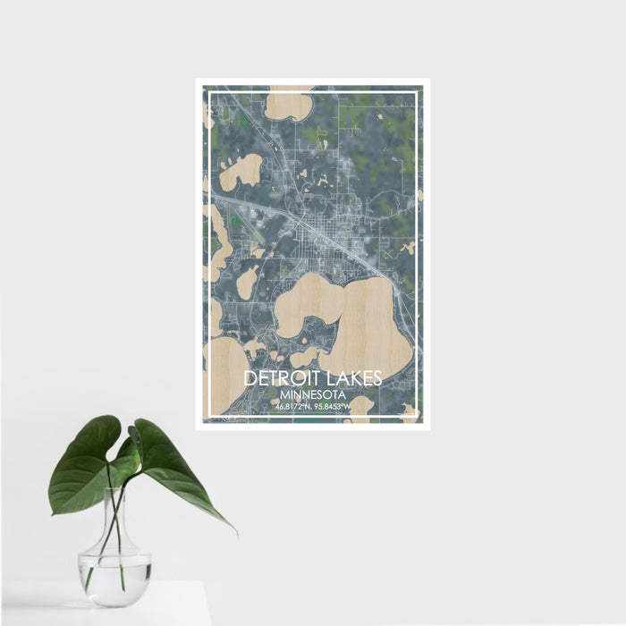 16x24 Detroit Lakes Minnesota Map Print Portrait Orientation in Afternoon Style With Tropical Plant Leaves in Water