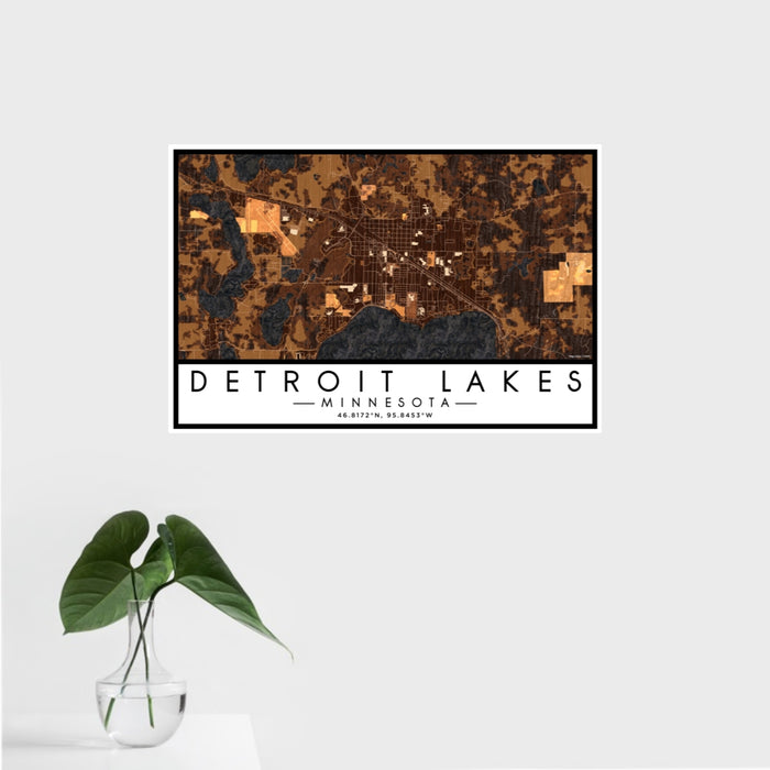 16x24 Detroit Lakes Minnesota Map Print Landscape Orientation in Ember Style With Tropical Plant Leaves in Water