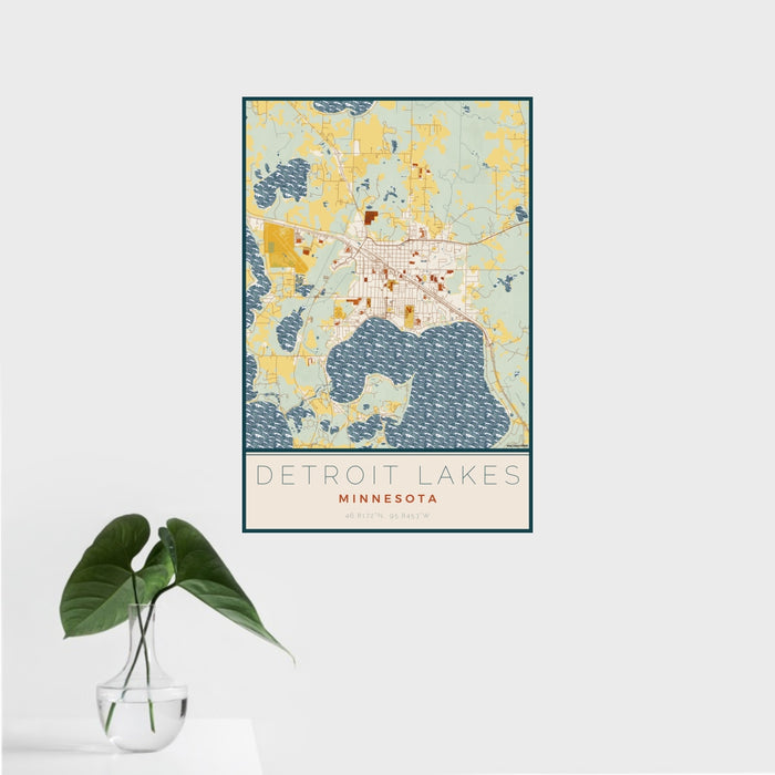 16x24 Detroit Lakes Minnesota Map Print Portrait Orientation in Woodblock Style With Tropical Plant Leaves in Water