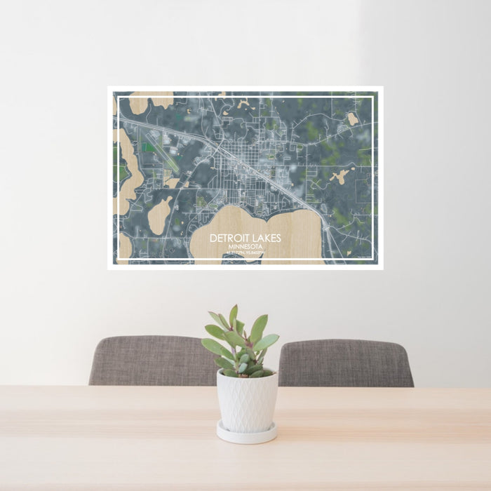 24x36 Detroit Lakes Minnesota Map Print Lanscape Orientation in Afternoon Style Behind 2 Chairs Table and Potted Plant