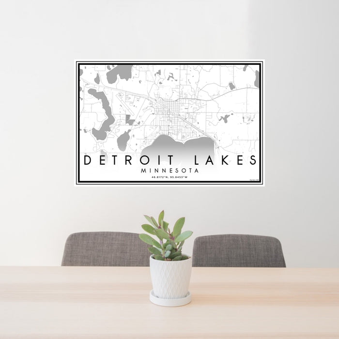 24x36 Detroit Lakes Minnesota Map Print Lanscape Orientation in Classic Style Behind 2 Chairs Table and Potted Plant