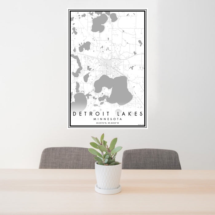24x36 Detroit Lakes Minnesota Map Print Portrait Orientation in Classic Style Behind 2 Chairs Table and Potted Plant
