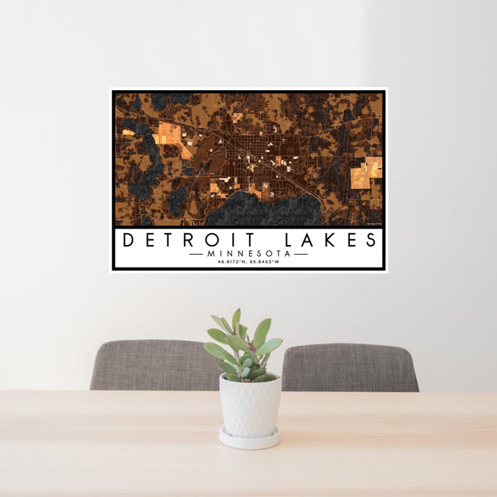 24x36 Detroit Lakes Minnesota Map Print Lanscape Orientation in Ember Style Behind 2 Chairs Table and Potted Plant
