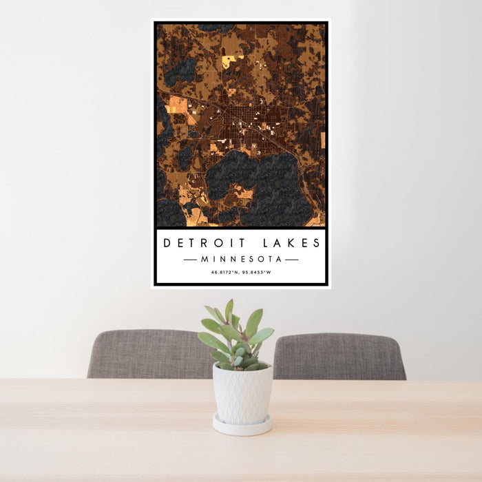 24x36 Detroit Lakes Minnesota Map Print Portrait Orientation in Ember Style Behind 2 Chairs Table and Potted Plant