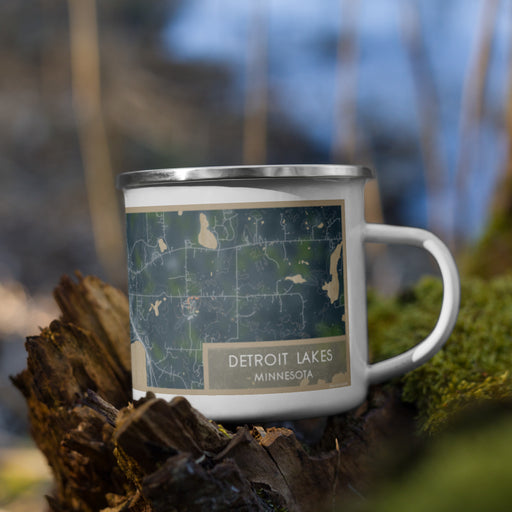 Right View Custom Detroit Lakes Minnesota Map Enamel Mug in Afternoon on Grass With Trees in Background