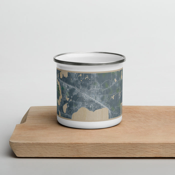 Front View Custom Detroit Lakes Minnesota Map Enamel Mug in Afternoon on Cutting Board