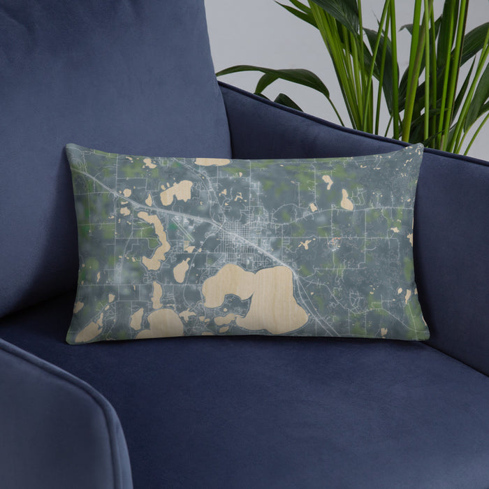Custom Detroit Lakes Minnesota Map Throw Pillow in Afternoon on Blue Colored Chair