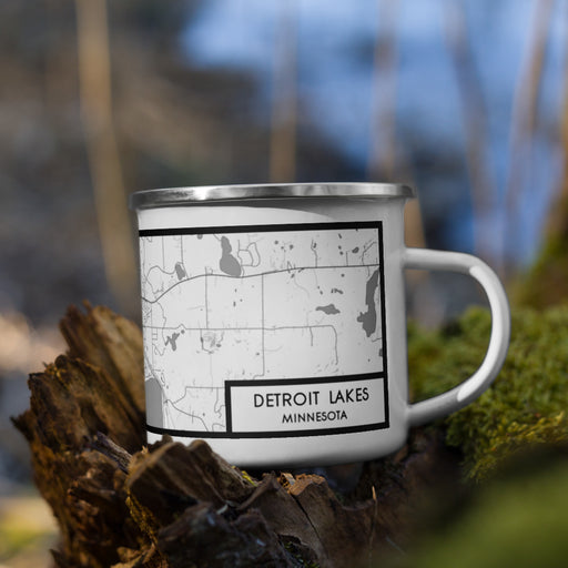 Right View Custom Detroit Lakes Minnesota Map Enamel Mug in Classic on Grass With Trees in Background