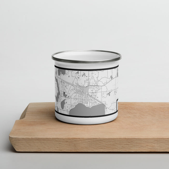 Front View Custom Detroit Lakes Minnesota Map Enamel Mug in Classic on Cutting Board