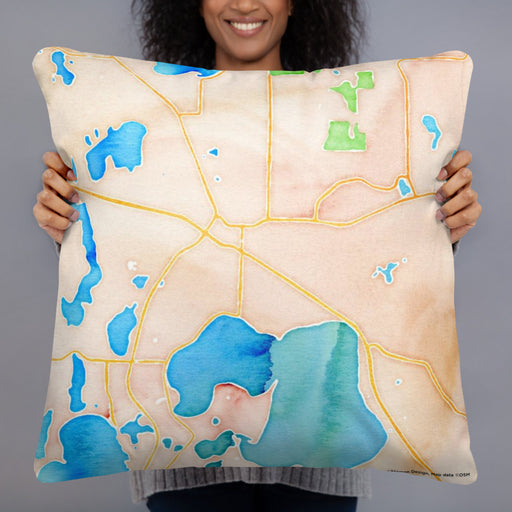 Person holding 22x22 Custom Detroit Lakes Minnesota Map Throw Pillow in Watercolor
