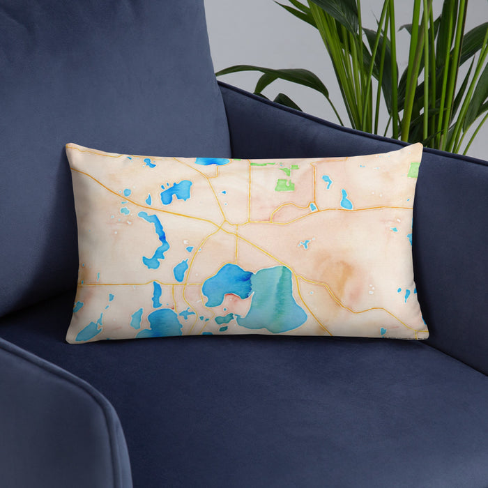 Custom Detroit Lakes Minnesota Map Throw Pillow in Watercolor on Blue Colored Chair