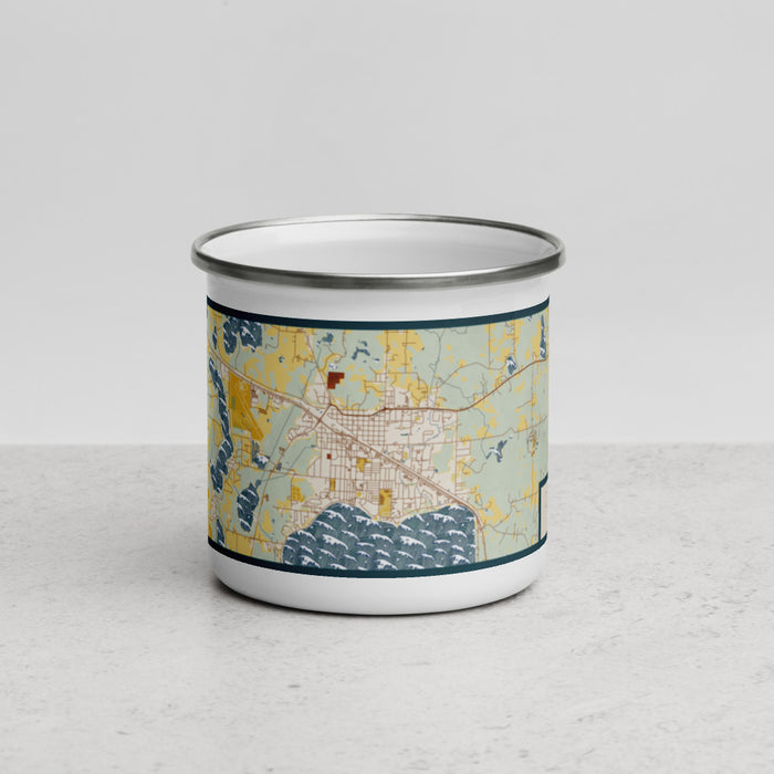 Front View Custom Detroit Lakes Minnesota Map Enamel Mug in Woodblock