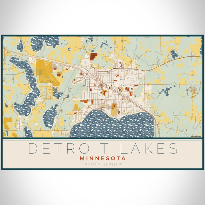 Detroit Lakes Minnesota Map Print Landscape Orientation in Woodblock Style With Shaded Background