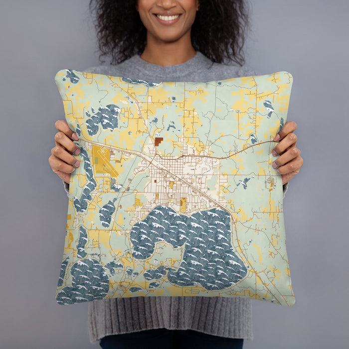 Person holding 18x18 Custom Detroit Lakes Minnesota Map Throw Pillow in Woodblock