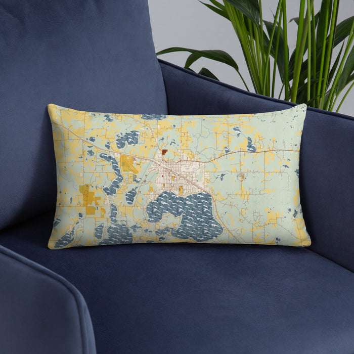 Custom Detroit Lakes Minnesota Map Throw Pillow in Woodblock on Blue Colored Chair