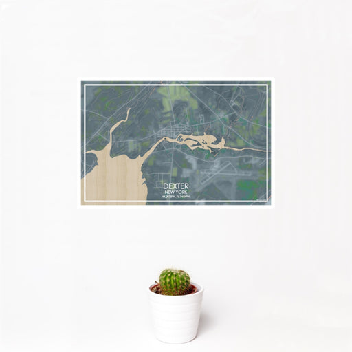 12x18 Dexter New York Map Print Landscape Orientation in Afternoon Style With Small Cactus Plant in White Planter