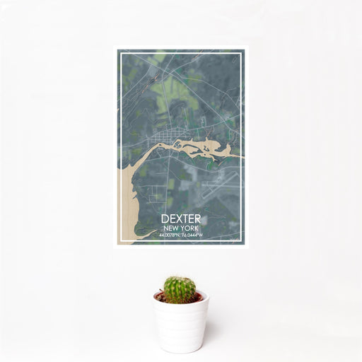 12x18 Dexter New York Map Print Portrait Orientation in Afternoon Style With Small Cactus Plant in White Planter