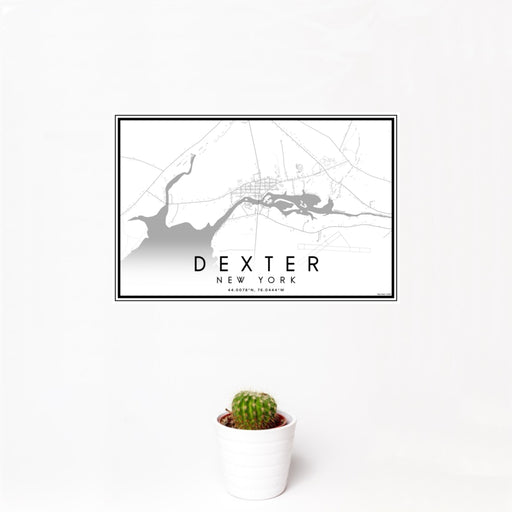 12x18 Dexter New York Map Print Landscape Orientation in Classic Style With Small Cactus Plant in White Planter