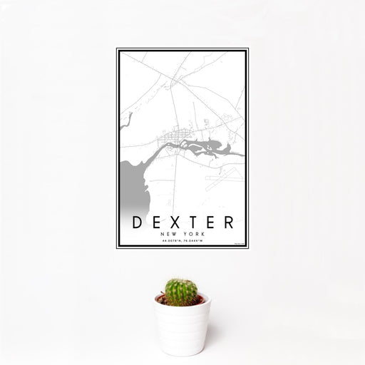 12x18 Dexter New York Map Print Portrait Orientation in Classic Style With Small Cactus Plant in White Planter