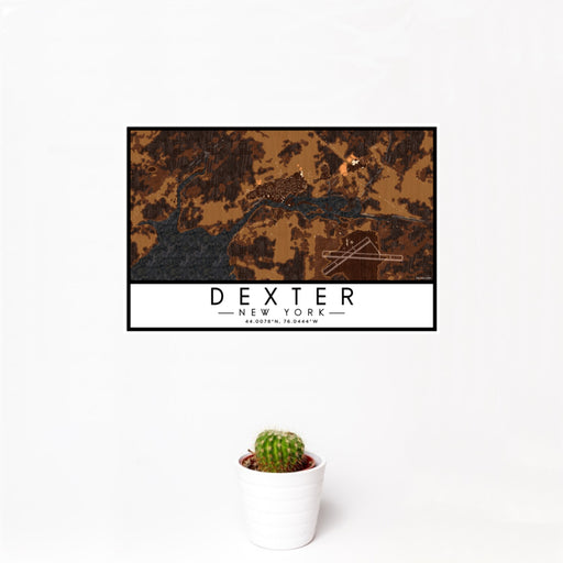 12x18 Dexter New York Map Print Landscape Orientation in Ember Style With Small Cactus Plant in White Planter
