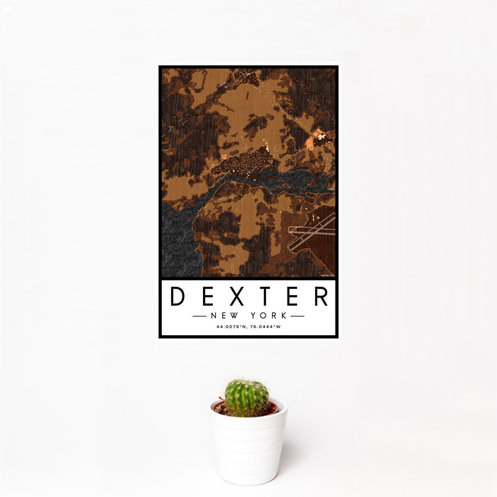 12x18 Dexter New York Map Print Portrait Orientation in Ember Style With Small Cactus Plant in White Planter
