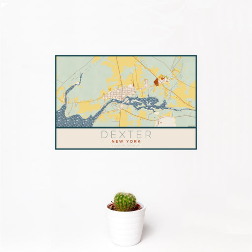 12x18 Dexter New York Map Print Landscape Orientation in Woodblock Style With Small Cactus Plant in White Planter