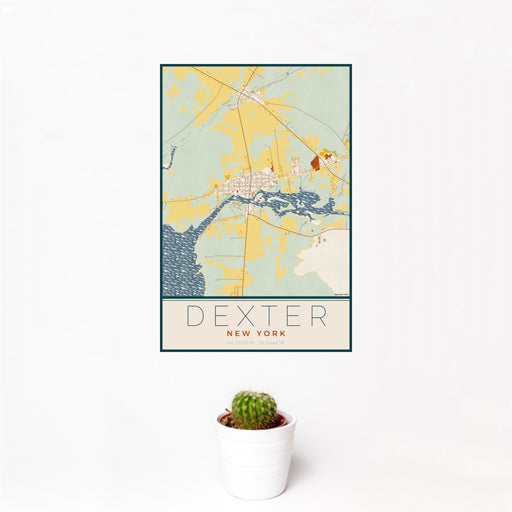 12x18 Dexter New York Map Print Portrait Orientation in Woodblock Style With Small Cactus Plant in White Planter