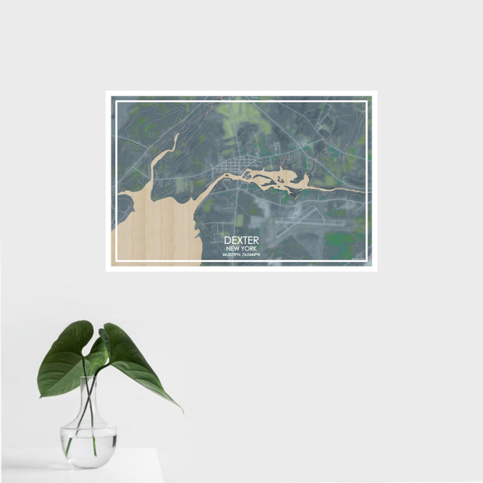 16x24 Dexter New York Map Print Landscape Orientation in Afternoon Style With Tropical Plant Leaves in Water