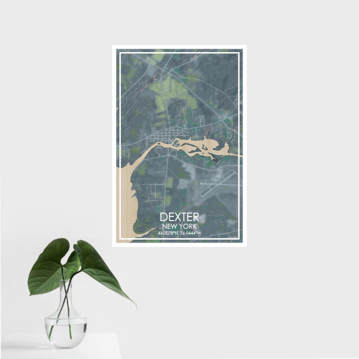 16x24 Dexter New York Map Print Portrait Orientation in Afternoon Style With Tropical Plant Leaves in Water