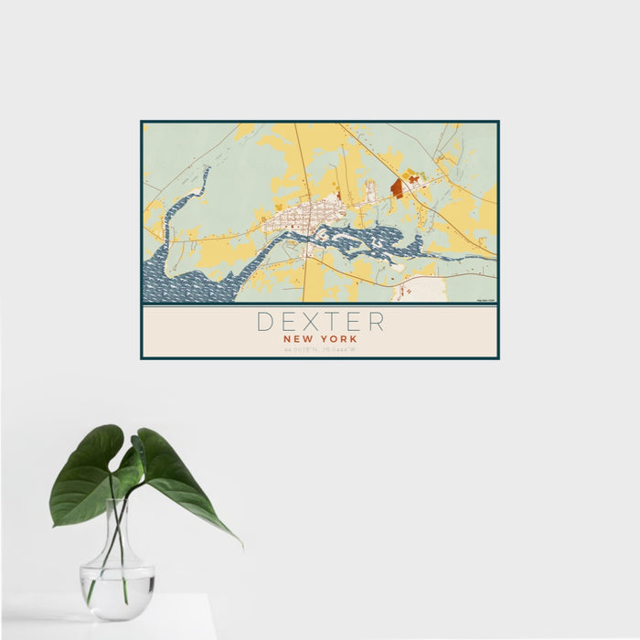 16x24 Dexter New York Map Print Landscape Orientation in Woodblock Style With Tropical Plant Leaves in Water