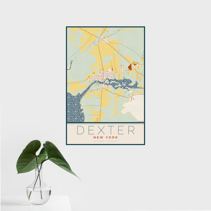 16x24 Dexter New York Map Print Portrait Orientation in Woodblock Style With Tropical Plant Leaves in Water